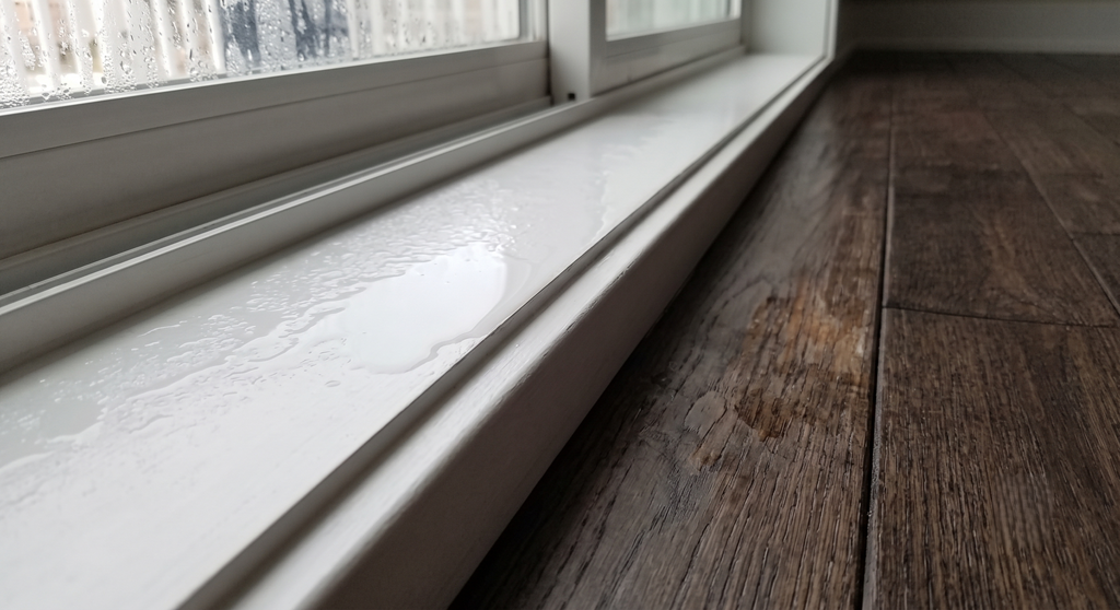 Window condensation pooling on a sill.